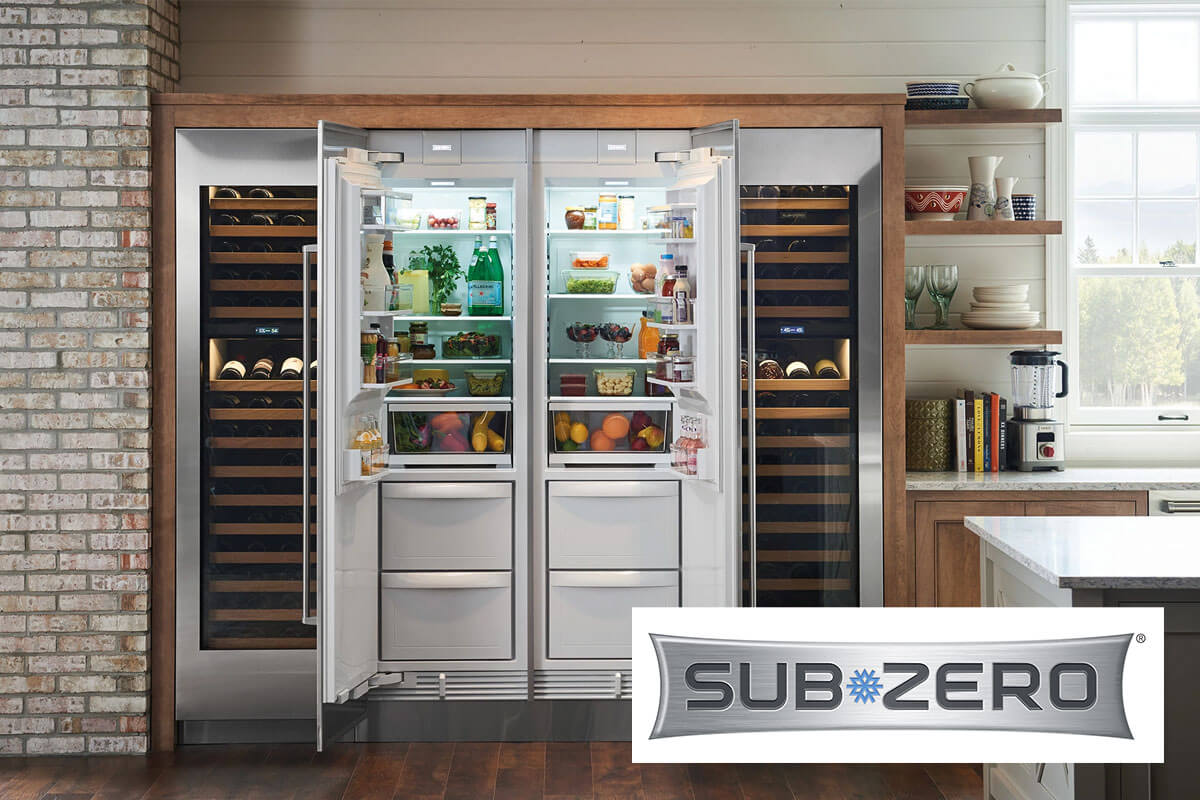 Open Sub-Zero refrigeration and wine storage in a finished kitchen